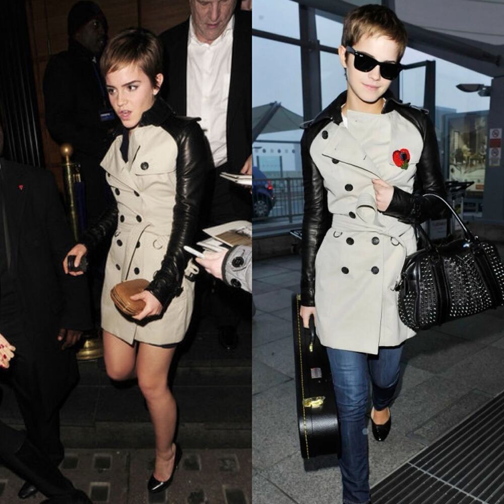 Burberry Patent Leather Sleeve Gabardine Trench Coat Black Tan US 4